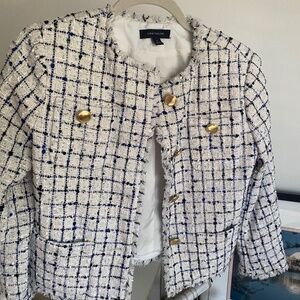 Ann Taylor Size 0P/ Xsmall Tweed Blue White Blazer with Gold Buttons